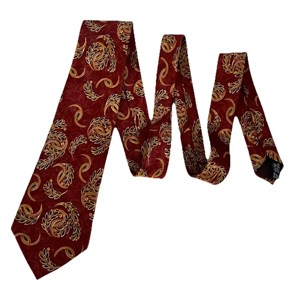 LANVIN PARIS Bordeaux Leaf Print Luxury Silk Tie 3.75” x 59” Made in France